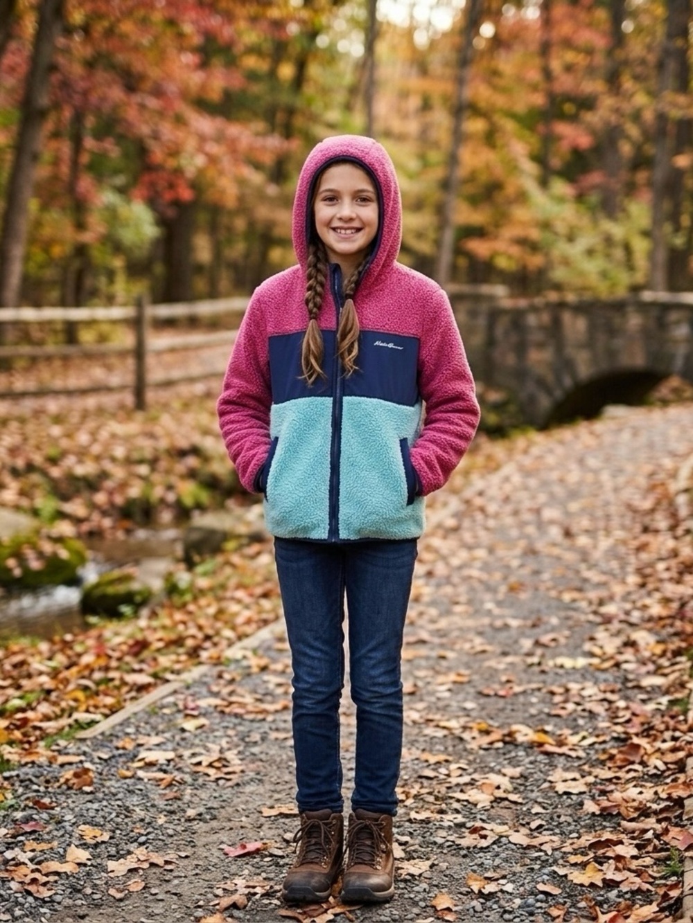 🔴 Eddie Bauer Girls Quest Sherpa Fleece Hoodie Colorblock Pink Blue M 10/12